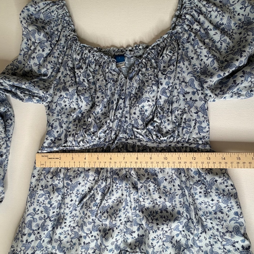 Old Navy Blue Ditsy Floral Paisley Tie Neck Swing Dress Small Boho Milkmaid - Picture 10 of 10